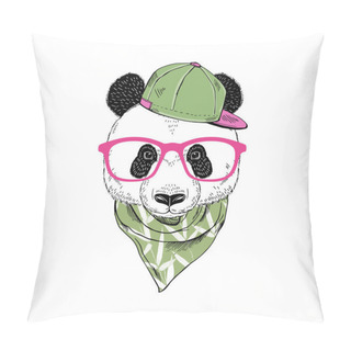 Personality  Panda Hipster Portrait In Glasses Cap And Bandana Scarf With Bamboo Pattern. Hand Drawn Vector Illustration Pillow Covers