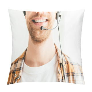Personality  Cropped View Of Bearded Broker In Headset Smiling In Office  Pillow Covers