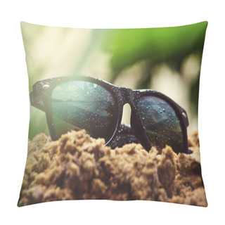Personality  Sunglasses Are Covered With Rain Drops Are On The Wet Sand Pillow Covers