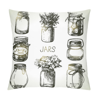 Personality  Rustic, Mason And Canning Jars Hand Drawn Set. Pillow Covers