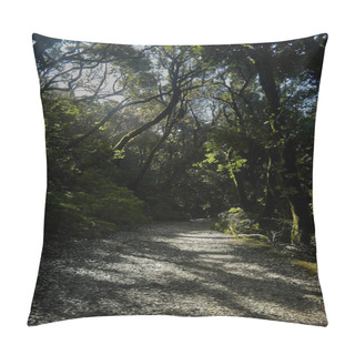 Personality  Dirt Road Winding Through A Dense Forest, Flanked By Tall Trees On Both Sides Pillow Covers