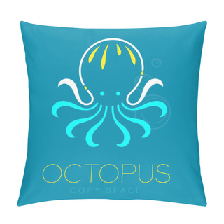 Personality  Octopus And Air Bubble Logo Icon Outline Stroke Set Dash Line Design Illustration Blue White And Yellow Color Isolated On Blue Background With Octopus Text And Copy Space, Vector Eps10 Pillow Covers