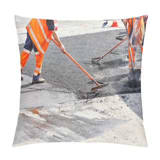 Personality  The Road Workers' Working Group Updates Part Of The Road With Fresh Hot Asphalt And Smoothes It For Repair With A Metal Levels And Shovels. Pillow Covers