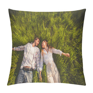 Personality  Couple In Love Lying On Grass Pillow Covers