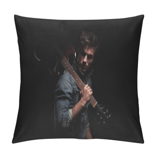 Personality  Dramatic Young Guitarist Looking Back While Holding Guitar On Sh Pillow Covers