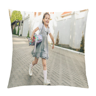 Personality  Image Of Beautiful Little Girl Smiling, Feeling Happy And Running With Backpack To Her Mother After Primary School Day. Child Pupil Walking On The Street After Kindergarten To Her Parent. Education Pillow Covers