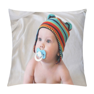 Personality  Baby Boy With Pacifier. Baby Boy In Knitted Cap Pillow Covers