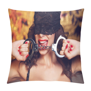 Personality  Sexy Woman Bite Handcuffs In Lace Eye Cover Pillow Covers