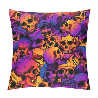 Personality  Vector Seamless Pattern With Human Skulls. Gradient Fill, Bright Trend Colors: Purple, Orange, Blue On A Black Background. Background For Halloween. Pillow Covers