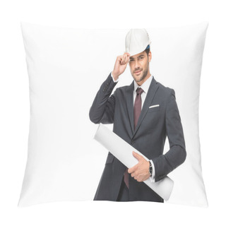 Personality  Happy Young Male Architect In Suit Holding Blueprints And Adjusting Hard Hat Isolated On White  Pillow Covers