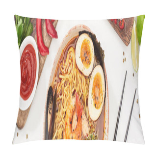 Personality  Top View Of Spicy Seafood Ramen Near Fresh Ingredients And Chopsticks On White Surface, Panoramic Shot Pillow Covers