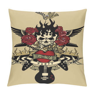 Personality  Vector Illustration With An Electric Guitar And Human Skull ,rev Pillow Covers