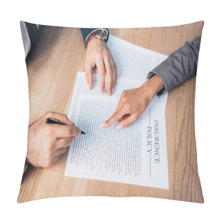 Personality  Partial View Of Lawyer Pointing With Finger At Insurance Policy Contract Near Businessman With Pen Pillow Covers