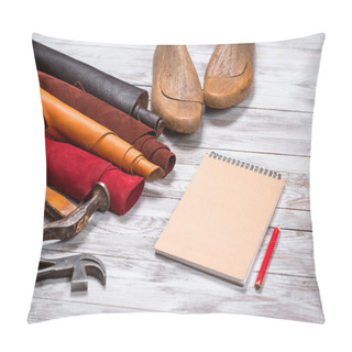 Personality  Brightly Colored Leather In Rolls, Working Tools, Shoe Lasts, Notebook With Pencil On White Background. Leather Craft. Pillow Covers