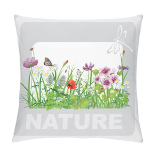 Personality  Green Grass And Flowers, Landscape Natural, Banner In Vector Art Pillow Covers
