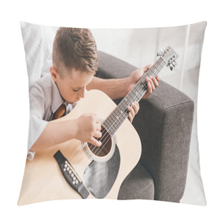 Personality  Cropped View Of Dad Teaching Son To Play Acoustic Guitar At Home Pillow Covers