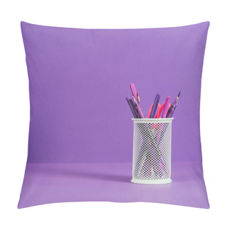 Personality  Pen Holder With Various Pens And Pencils On Purple Surface Pillow Covers
