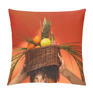 Personality  Partial View Of Young African American Woman With Closed Eyes Holding Basket With Exotic Fruits On Head On Orange Pillow Covers
