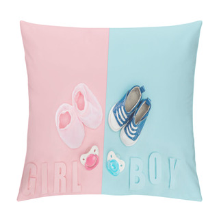 Personality  Top View Of Pacifiers, Booties, Sneakers And Boy, Girl Lettering On Pink And Blue Background Pillow Covers