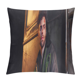 Personality  Despaired Man In Worn Jacket Looking Away In Darkness Of Post-apocalyptic Devastated Subway, Banner Pillow Covers
