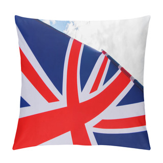Personality  Close Up View Of National Flag Of United Kingdom With Red Cross Against Sky  Pillow Covers