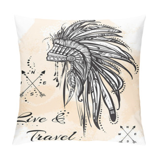 Personality  Vintage Indian Headdress With Feathers. Vector Tribal Graphic Illustration On Watercolor Background. Bohemian, Spirit, Travel, Tattoo Art, Prints, Posters Pillow Covers