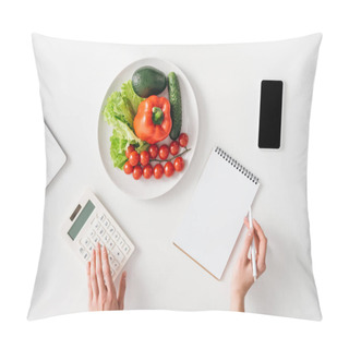 Personality  Top View Of Woman Using Calculator Near Digital Devices, Notebook And Fresh Vegetables On White Background Pillow Covers