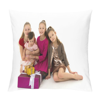 Personality  Different Age Girls Are Sitting On The Floor Near Gifts. Isolated Over White Background. Pillow Covers