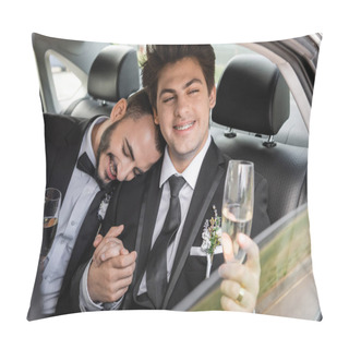 Personality  Smiling And Young Gay Groom With Braces In Elegant Suit With Boutonniere Holding Glass Of Champagne And Hand Of Boyfriend While Sitting On Backseat Of Car During Honeymoon  Pillow Covers