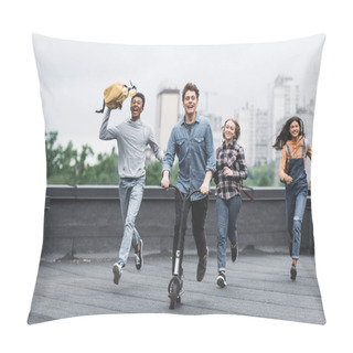 Personality  Playful And Smiling Teenagers Running On Roof And Riding Scooter  Pillow Covers