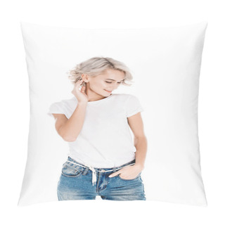Personality  Wonderful Young Adult Woman Smiling While Standing With Hand In The Pocket Isolated On White Pillow Covers