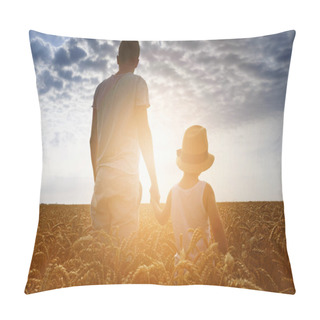 Personality  Happy Family. Father And Son Looking At The Sun In The Wheat Field. Backview.  Pillow Covers