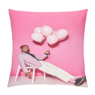 Personality  Cheerful Young Man Smiling Unnaturally At Camera And Holding Balloons In Hand, Acting Like Doll Pillow Covers