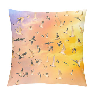 Personality  A Lot Of Seagulls In The Clouds Colorful Sunset Sky. Pillow Covers