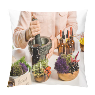 Personality  Cropped Image Of Woman Preparing Natural Medicines With Mortar And Pestle Isolated On White Pillow Covers