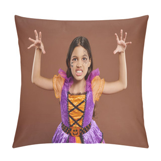 Personality  Spooky Child In Halloween Costume With Spiderweb Makeup Growling And Gesturing On Brown Backdrop Pillow Covers