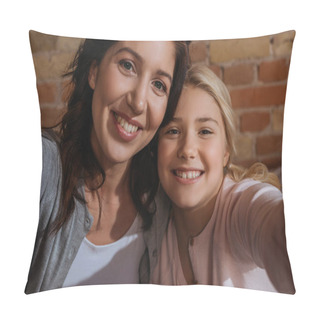 Personality  Happy Mother And Daughter Smiling At Camera At Home  Pillow Covers