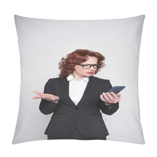 Personality  Confused Businesswoman Looking At Smartphone Pillow Covers