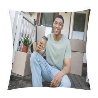 Personality  Cheerful African American Man Holding Coffee To Go Near Carton Boxes And New House Outdoors Pillow Covers