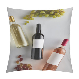 Personality  Top View Of Bottles With White, Red And Rose Wine Near Grape On White Background Pillow Covers