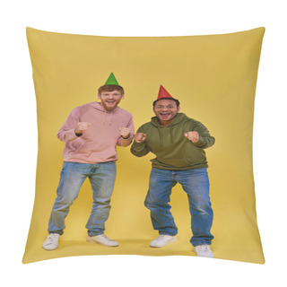 Personality  Two Handsome Multiracial Men In Birthday Hats Standing And Celebrating With Fists Up, Birthday Pillow Covers