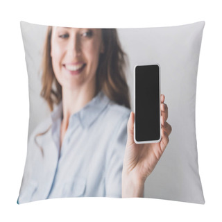 Personality  Close-up Portrait Of Happy Adult Woman In Shirt Showing Smartphone With Blank Screen At Camera Pillow Covers