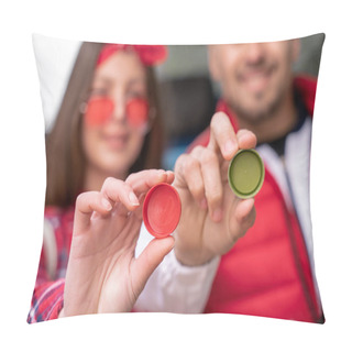 Personality  Blurred Man And Woman Holding Plastic Bottle Caps  Pillow Covers