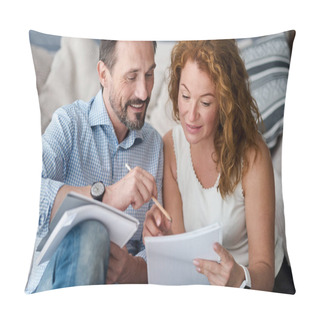 Personality  Middle-aged Man And Woman Couple Making Notes Pillow Covers