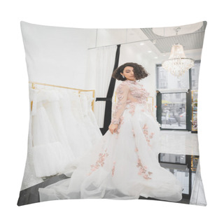 Personality  Full Length Of Middle Eastern And Brunette Woman With Wavy Hair Standing In Gorgeous And Floral Wedding Dress With Train Inside Of Luxurious Bridal Salon Around White Tulle Fabrics, Bridal Shopping  Pillow Covers