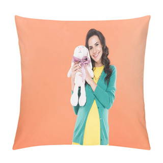 Personality  Glad Curly Pregnant Woman Holding Toy Rabbit Isolated On Orange Pillow Covers