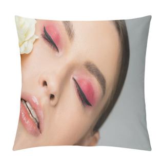 Personality  Close Up Portrait Of Woman With Pink Eye Shadows Near White Rose Isolated On Grey Pillow Covers