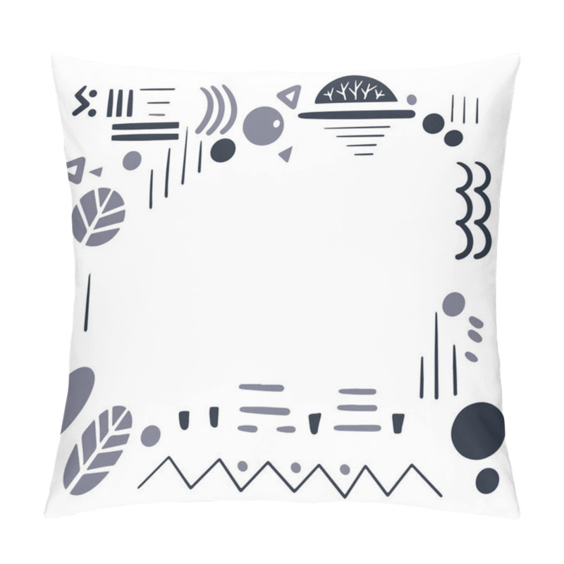 Personality  Square Frame With Leaves And Geometric Elements In Scandinavian Style. Plant Silhouettes, Dots And Lines. Monochrome Nature Vector Template For Design. Pillow Covers
