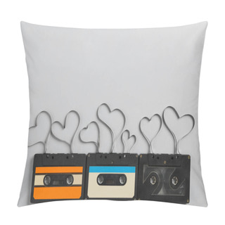 Personality  Music Cassettes And Hearts Made Of Tape On Light Grey Background, Flat Lay With Space For Text. Listening Love Songs Pillow Covers