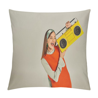 Personality  Overjoyed Woman In Orange Retro Style Dress Holding Yellow Boombox And Dancing On Grey, Happiness Pillow Covers